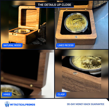 Wood Coin Case close-ups: natural wood grain, lined recess, hinge, clasp