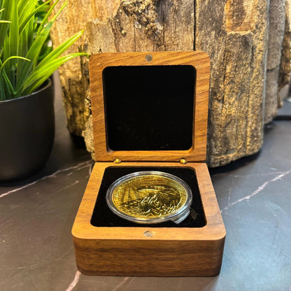 Wood Coin Case open on a marble table with a plant behind