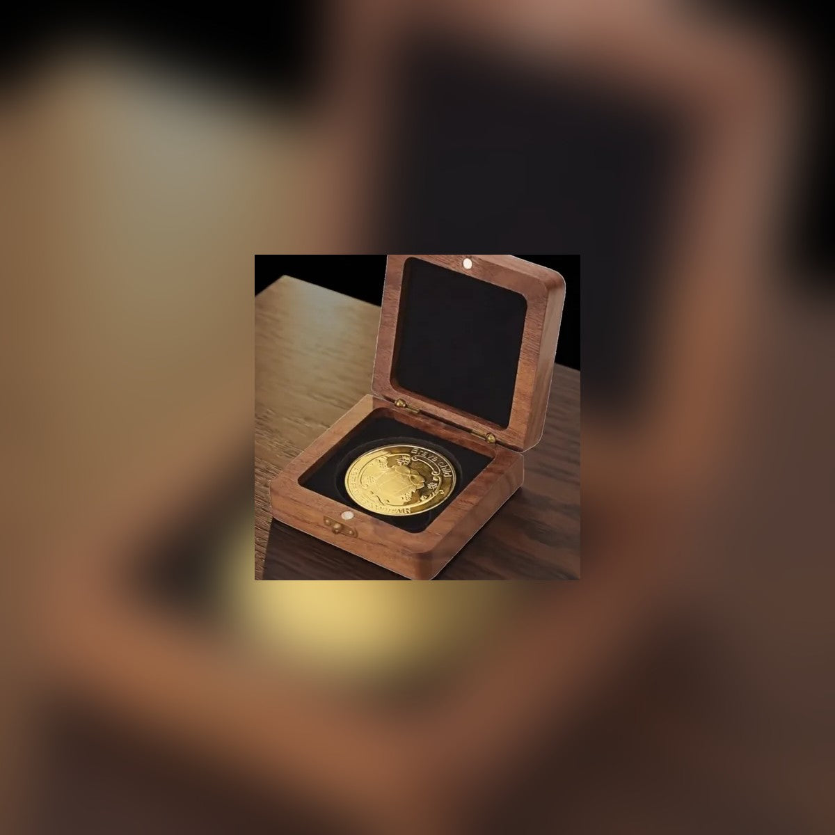Wood Coin Case open on a dark wood desk