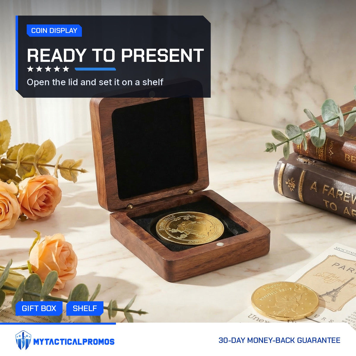 Wood Coin Case open on a table with flowers