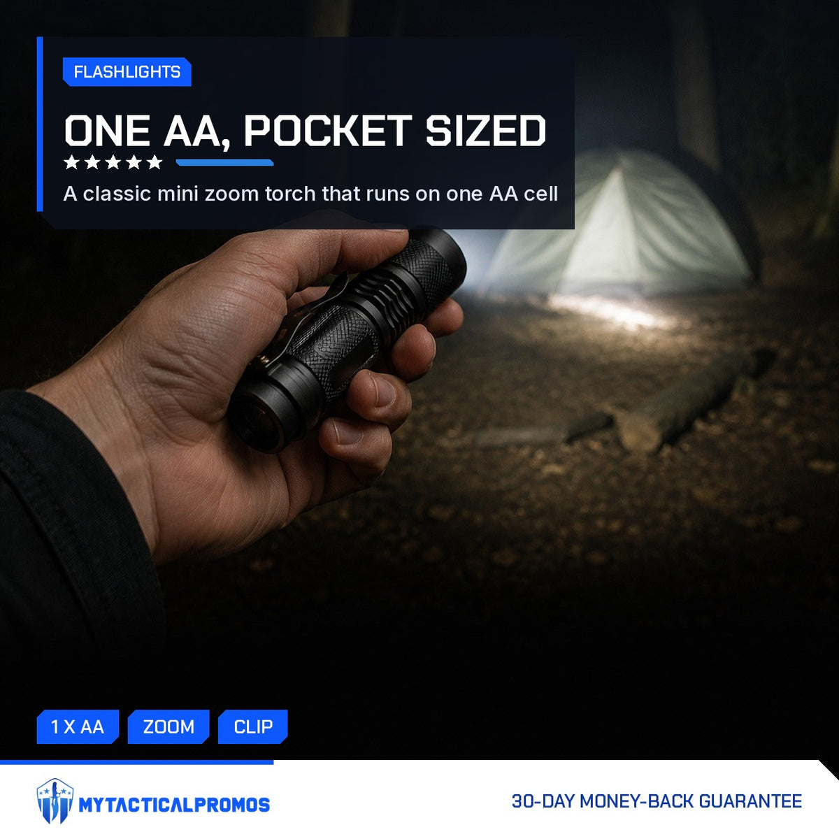 Hand holding the Zoom Torch Flashlight at night, beam lighting a tent