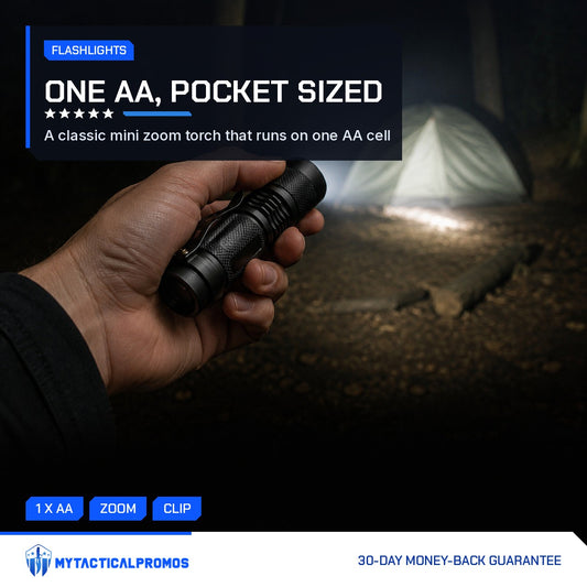 Hand holding the Zoom Torch Flashlight at night, beam lighting a tent