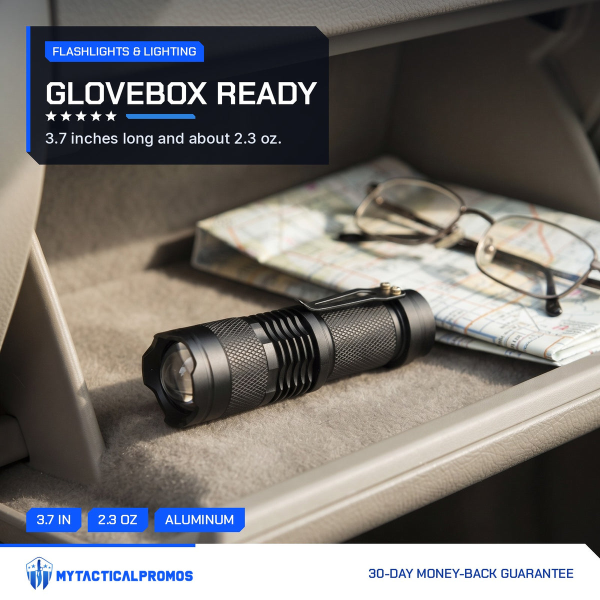 Zoom Torch Flashlight in a car glovebox