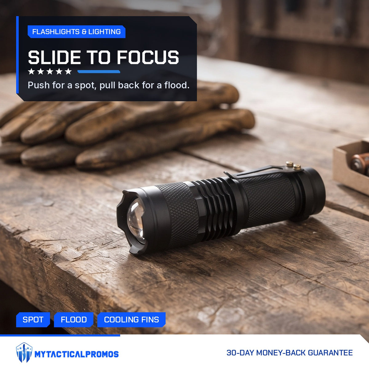 Zoom Torch Flashlight on a wooden workbench, zoom lens and clip visible