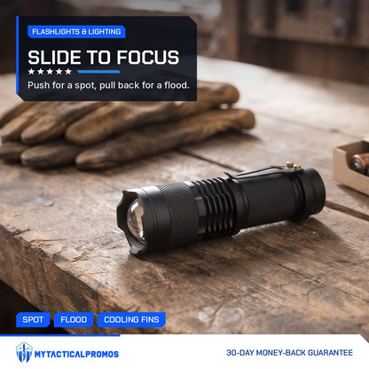 Zoom Torch Flashlight on a wooden workbench, zoom lens and clip visible