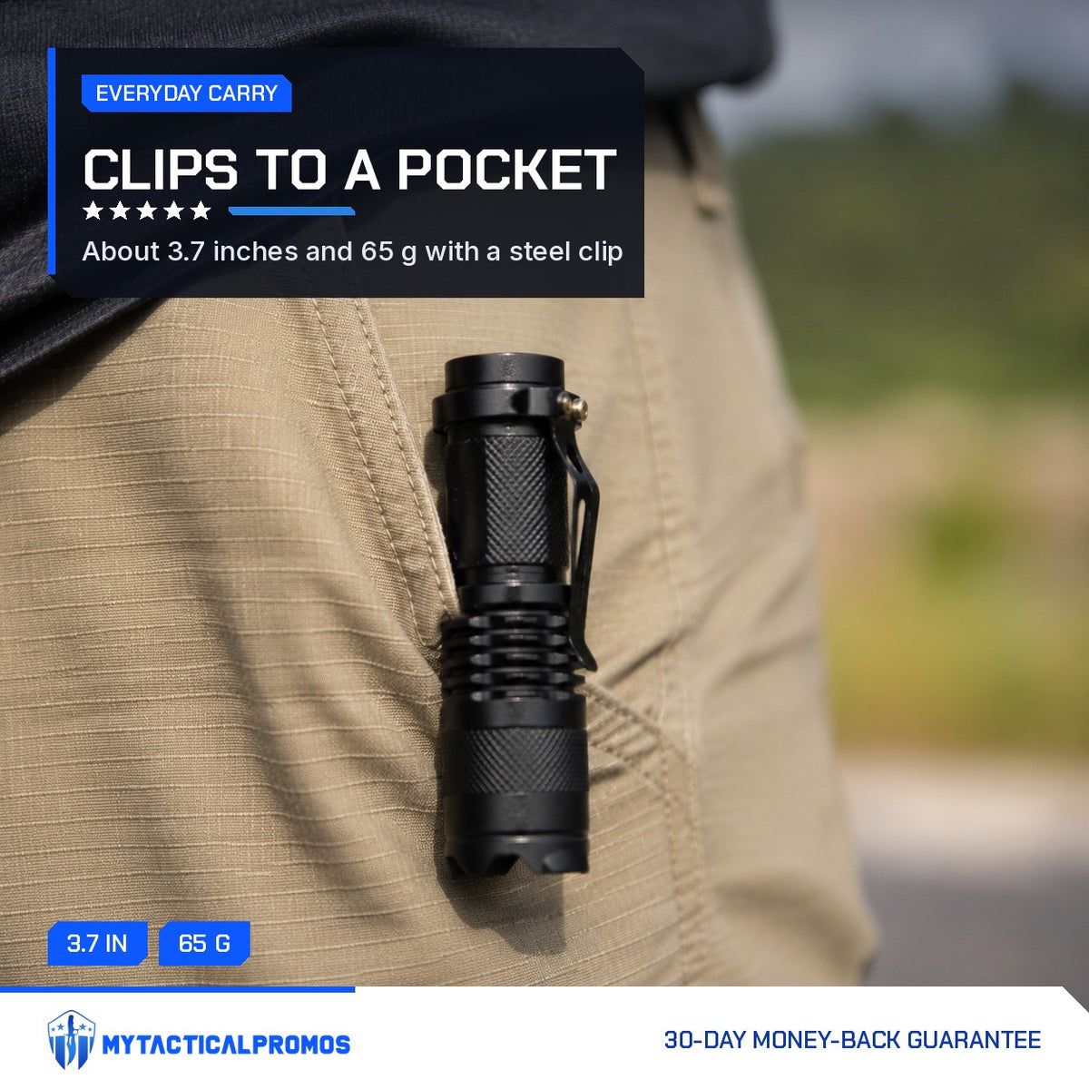 Zoom Torch Flashlight clipped in the pocket of khaki trousers