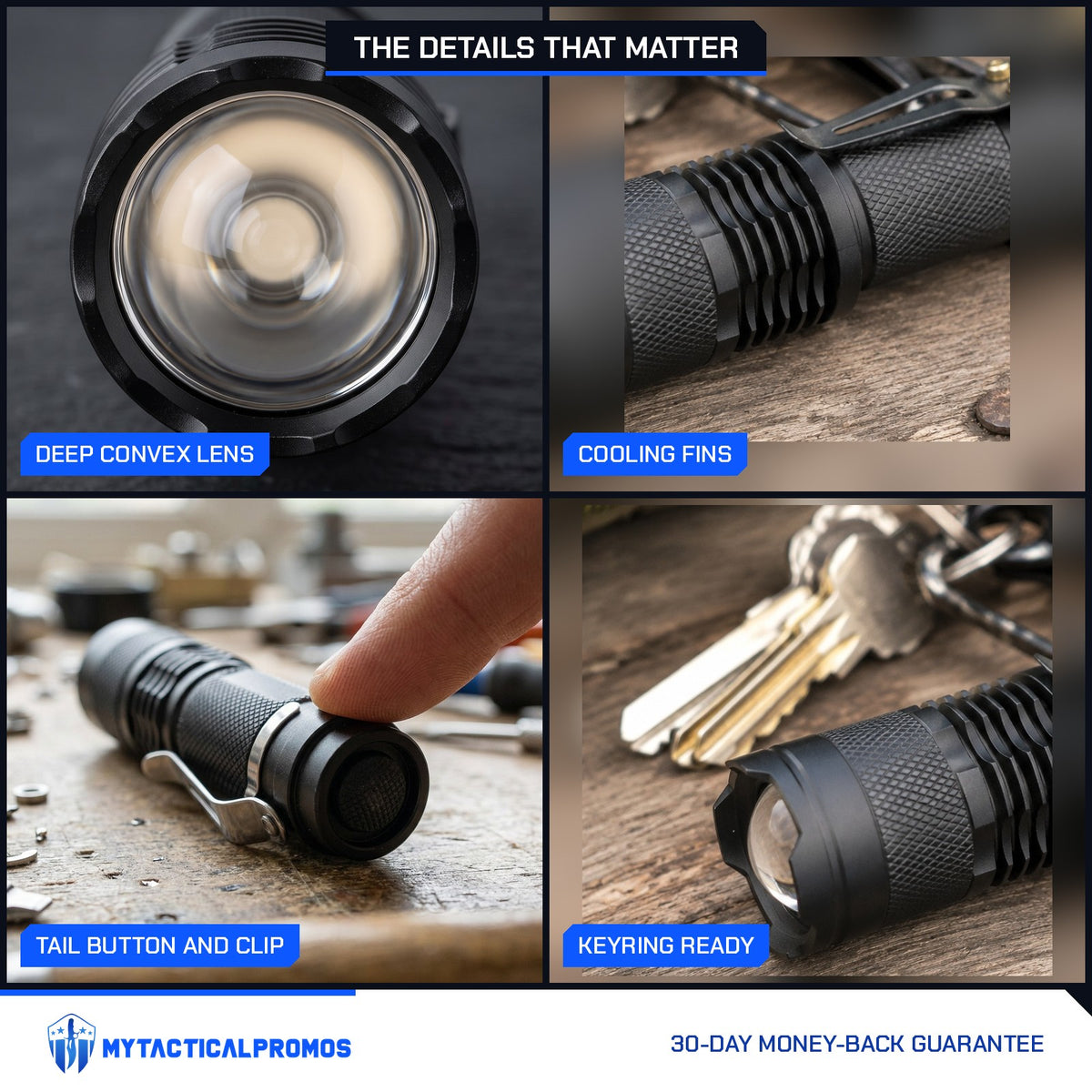 Zoom Torch Flashlight close-ups: deep convex lens, cooling fins, tail button and clip, on a keyring