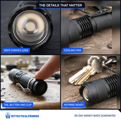 Zoom Torch Flashlight close-ups: deep convex lens, cooling fins, tail button and clip, on a keyring
