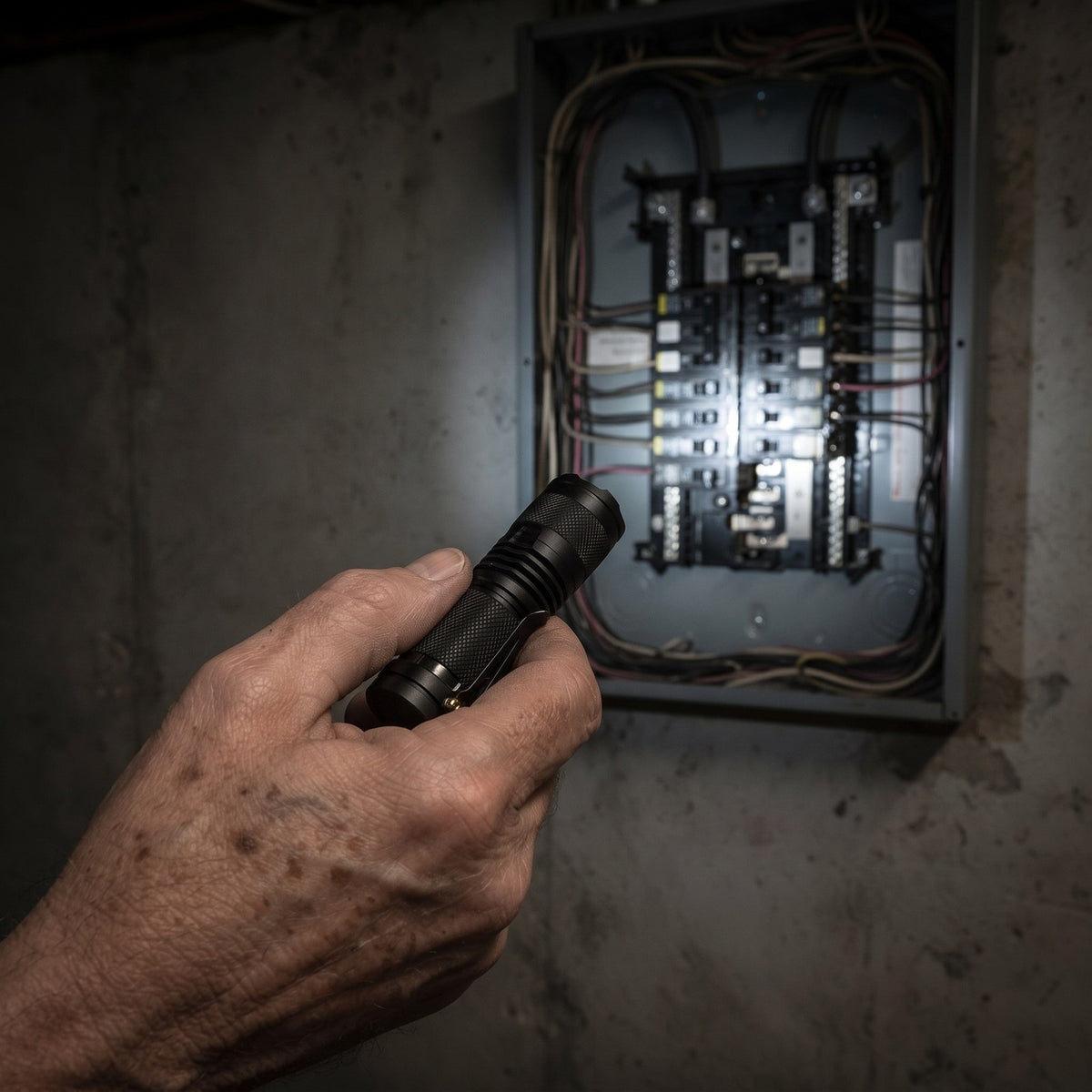 Hand lighting an electrical panel with the Zoom Torch Flashlight