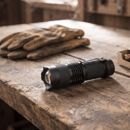 Zoom Torch Flashlight on a wooden workbench beside work gloves