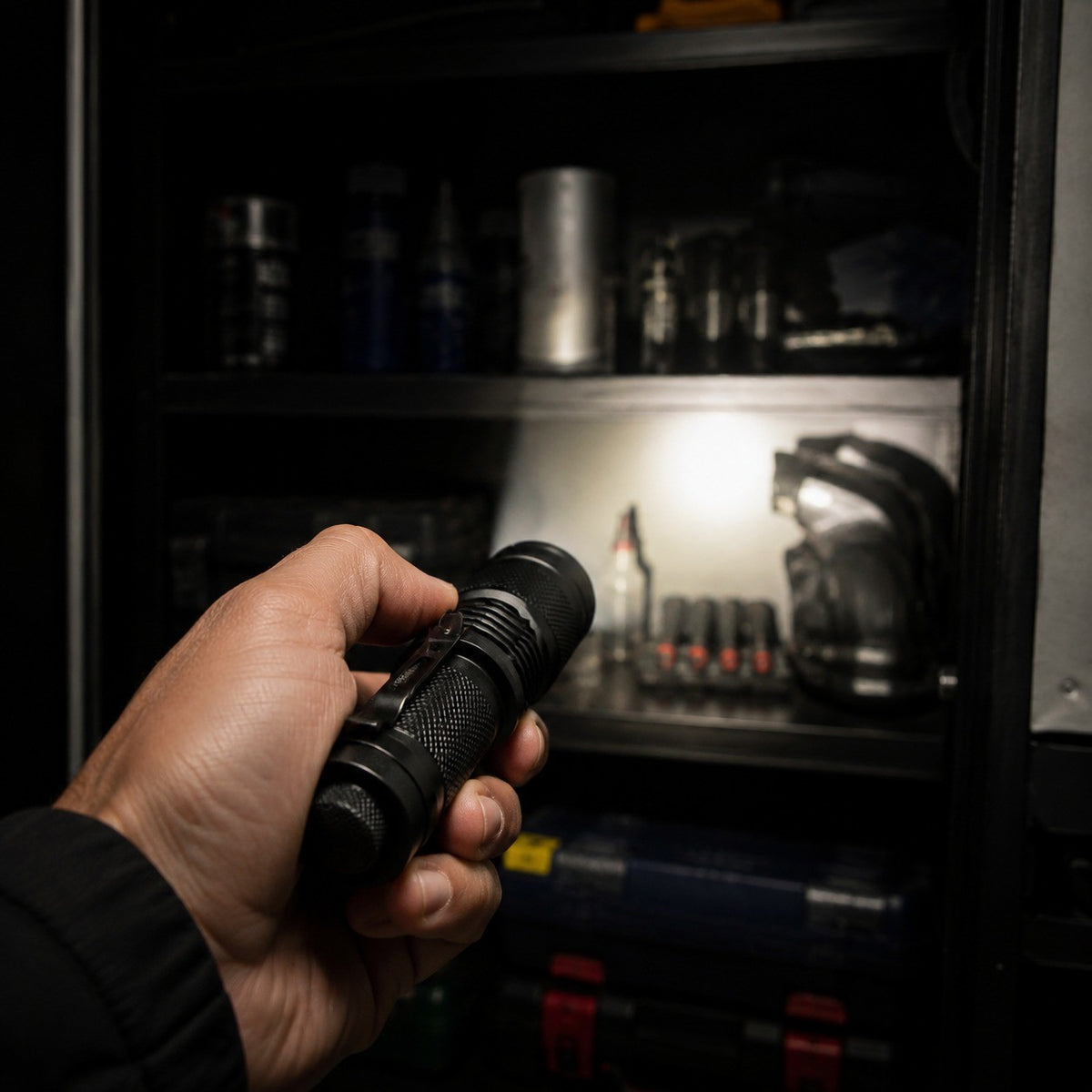Zoom Torch Flashlight lighting shelves in a dark garage cabinet